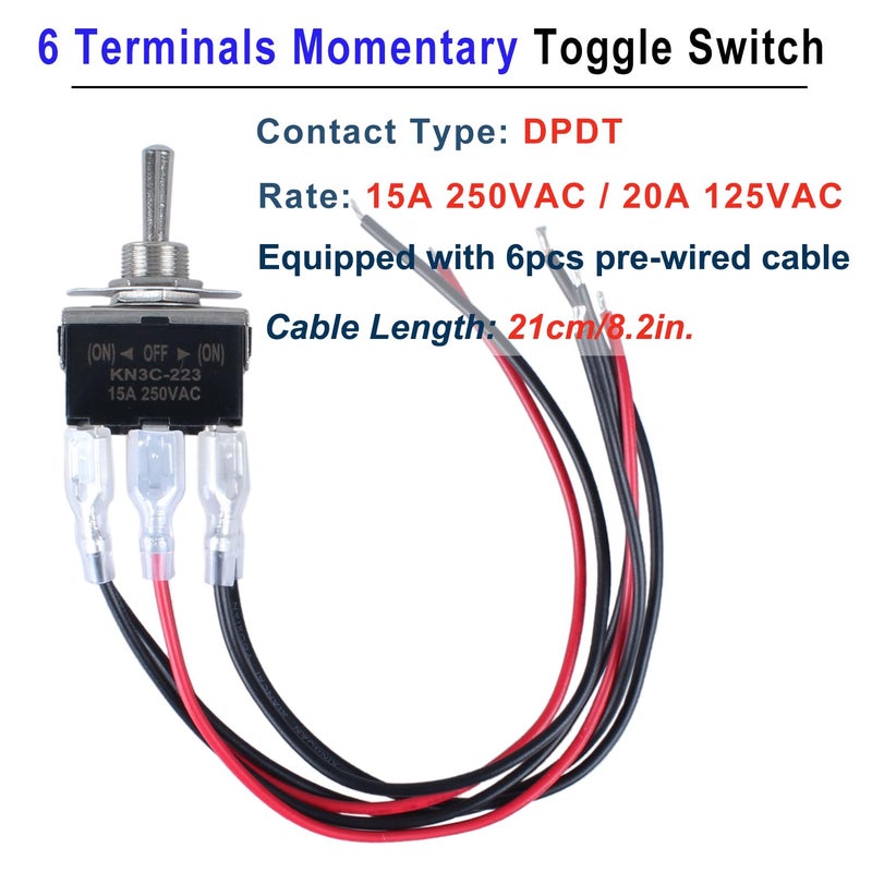 DMWD 2pcs Heavy Duty Rocker Toggle Switch 30A 12VDC 20A 120V DPDT 6 Pins 3 Positions (ON)-Off-(ON) Momentary with Waterproof Boot Cap pre-Wired Cables for Auto Car Truck Boat Marine - Image 3